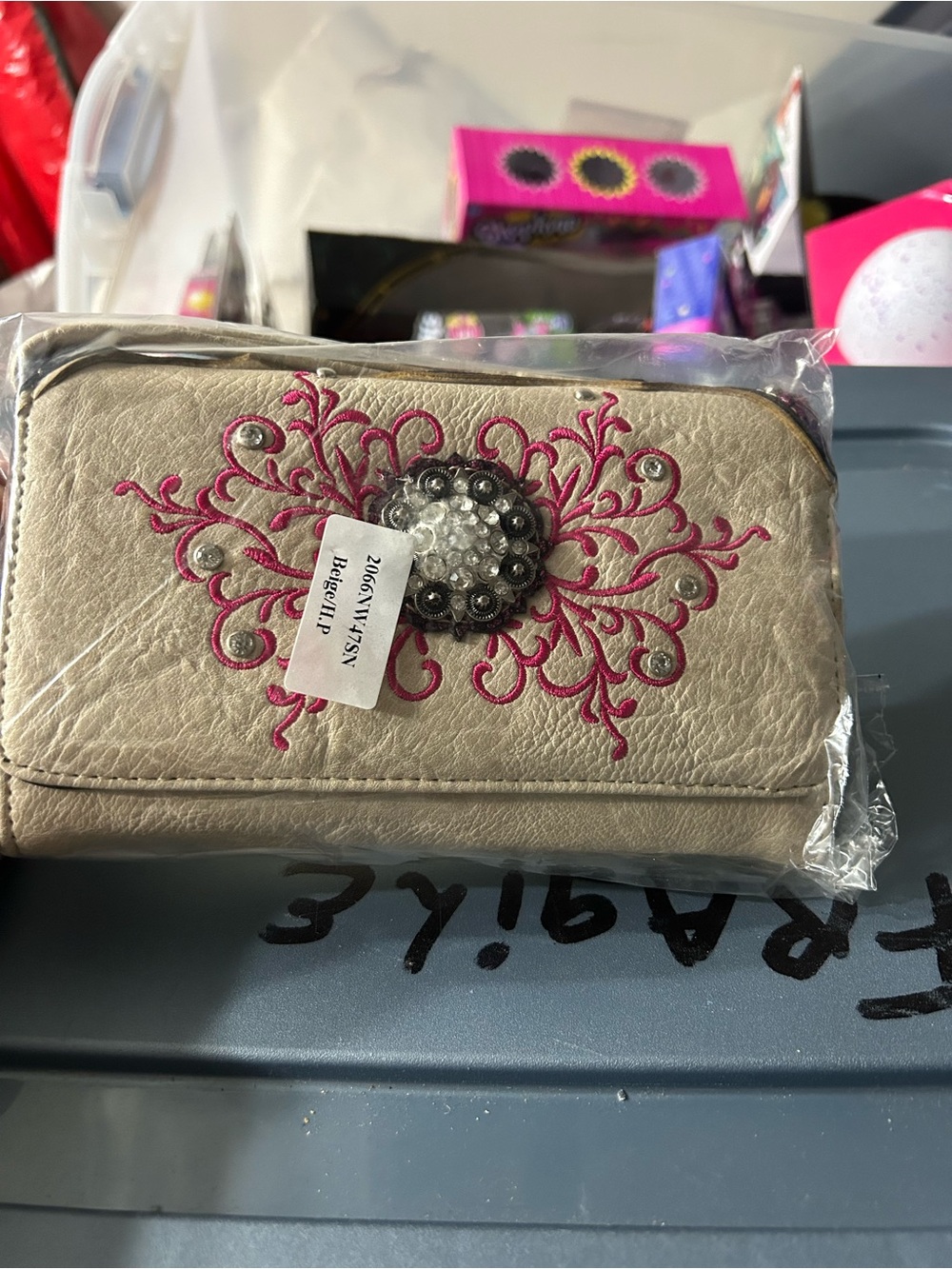 Embellished Cream and pink crossbody with Pink Embroidery